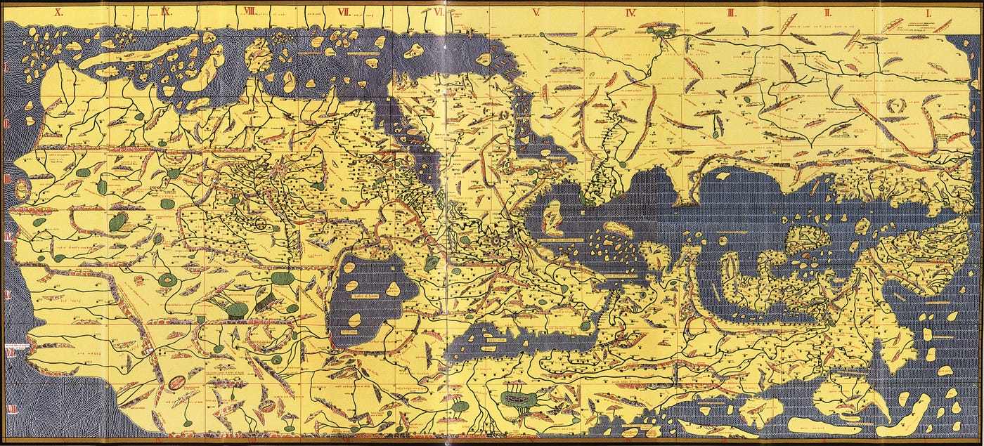 Reconstruction of Al-Idrisi’s Tabula Rogeriana, with Arabic names transcribed into the Latin alphabet. The inhabited world is divided into 7 horizontal bands extending from the equator to the North, which are themselves divided into 10 vertical sections from West to East, from the Atlantic Ocean to East Asia. This reproduction is based on a copy from the late Middle Ages (1300 or 1486). Konrad Miller