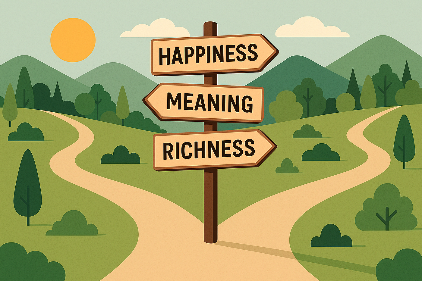 행복, 의미, 풍요로움이라고 적힌 세 개의 표지판이 있는 푸른 풍경 속의 갈림길을 평면 스타일로 표현한 일러스트레이션으로, 다양한 삶의 길을 상징합니다.<BR>