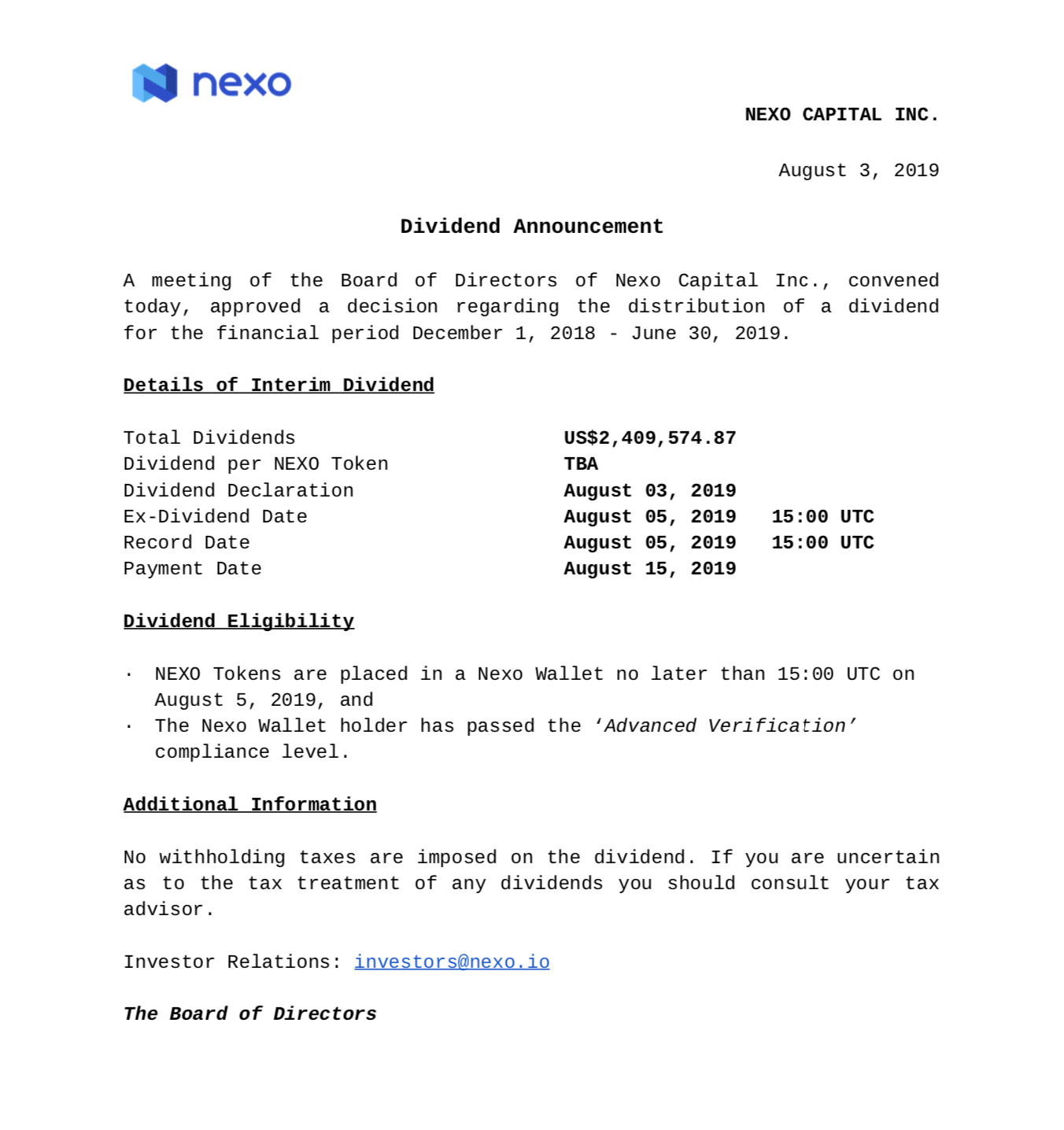 US$2,409,574.87 Dividend for NEXO Token Holders Announced | by Nexo | Nexo  | Medium