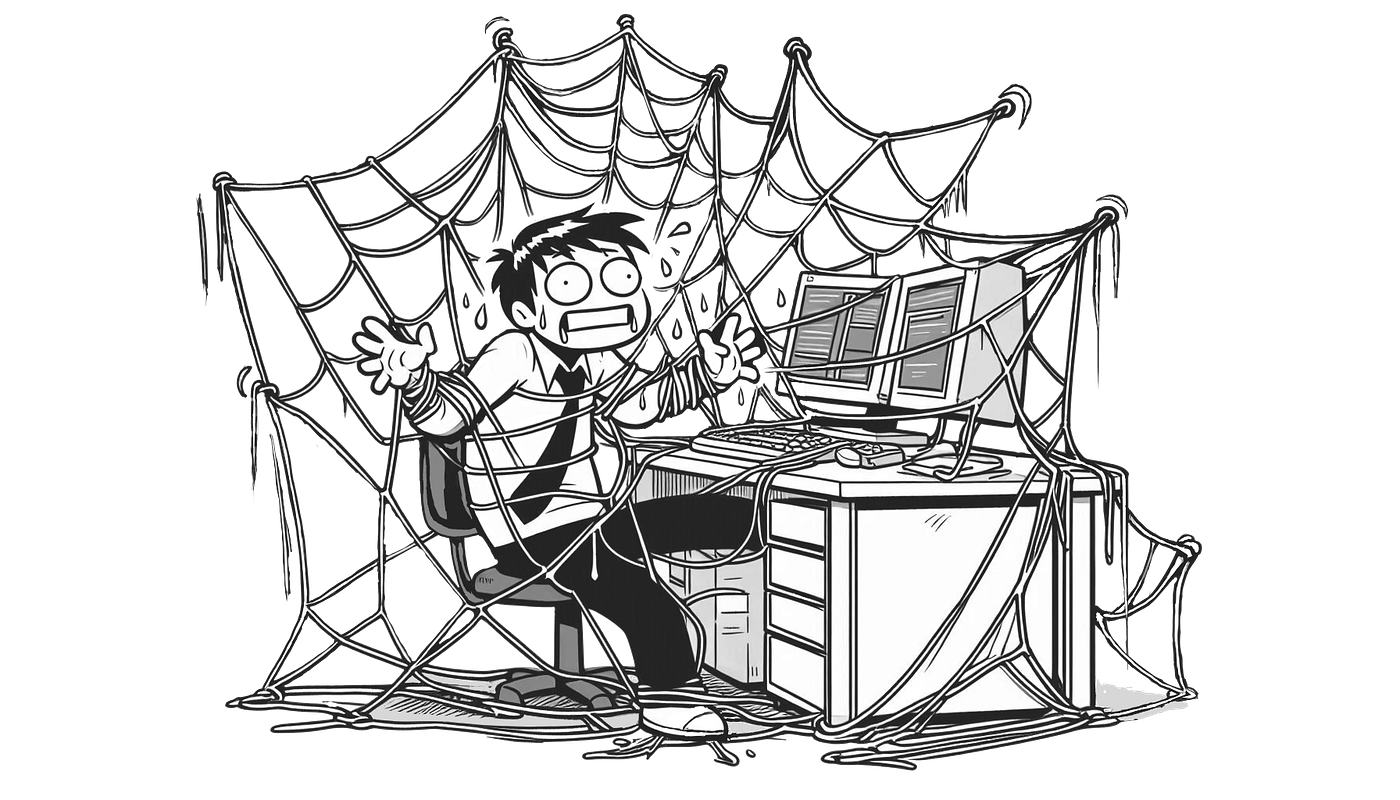 A man at his desk tangled in a cobweb. Generated by Gemini