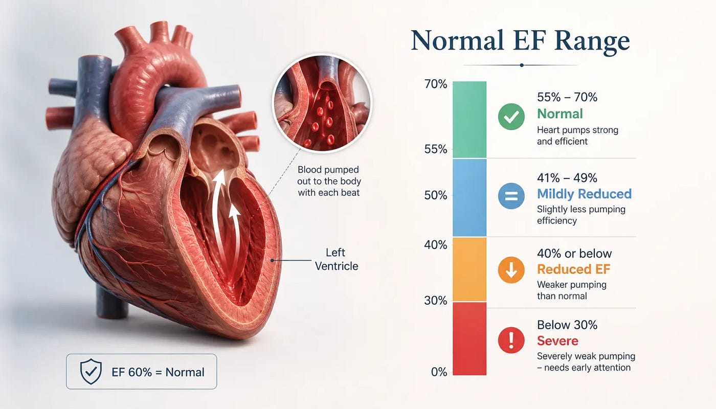 Normal EF range in 2D Echo—55% to 70% is healthy. EF 60% falls well within the normal range.