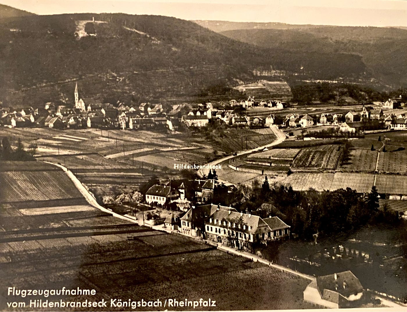 Author‘s picture postcard of Königsbach/Rheinpfalz… my mom was born & grew up in Hildenbrandseck (center).