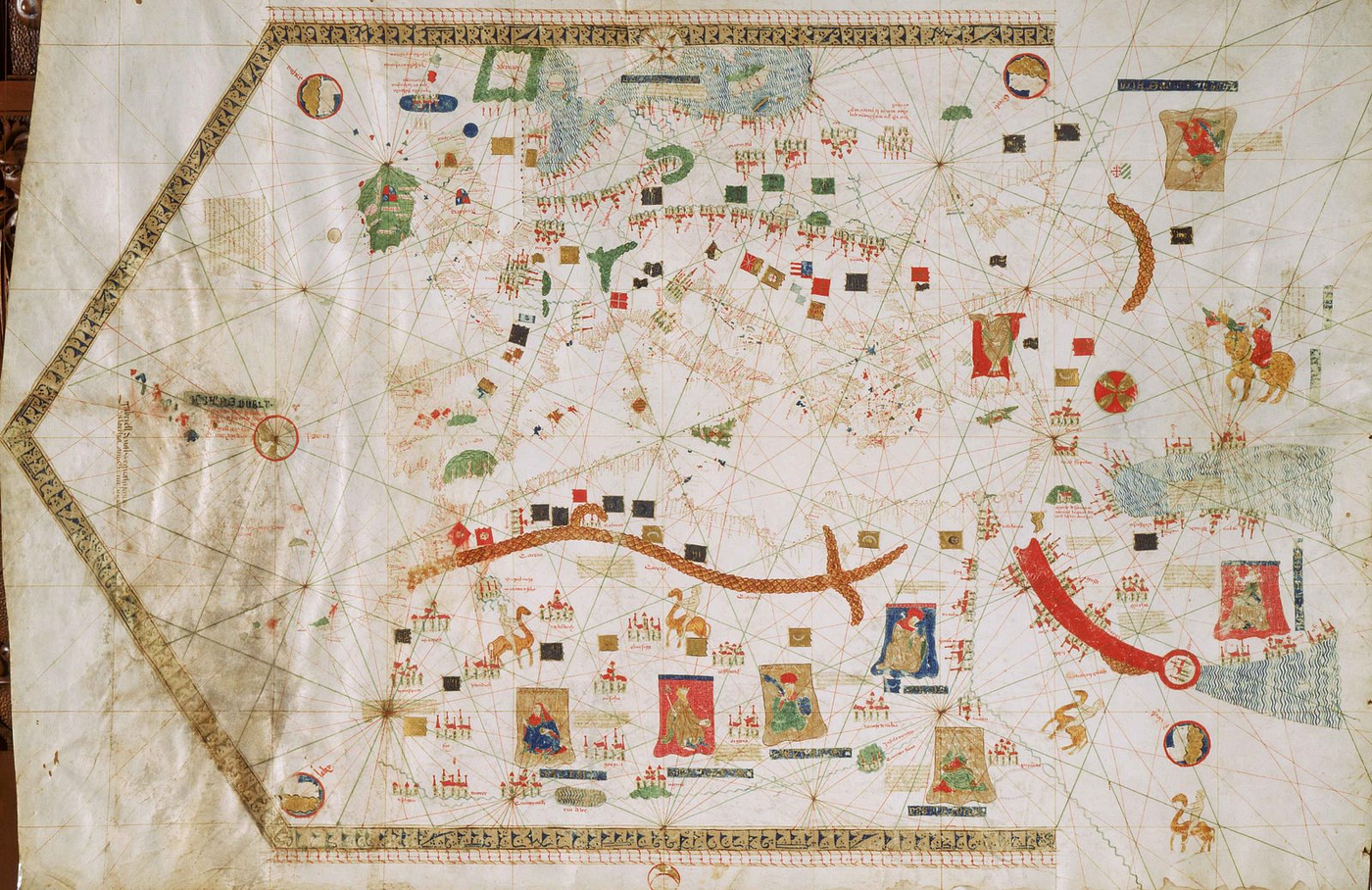 Gabiel Vallseca’s map (1439). Museo Maritimo, Barcelona. On the far left, the Azores islands are easily distinguishable, already clearly outlined. The map dates back to 1439.