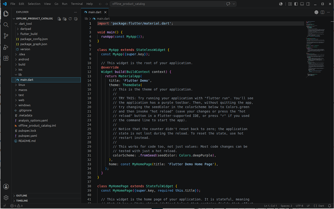 Screenshot: Opening lib/main.dart inside the offline_product_catalog Flutter project in Visual Studio Code.