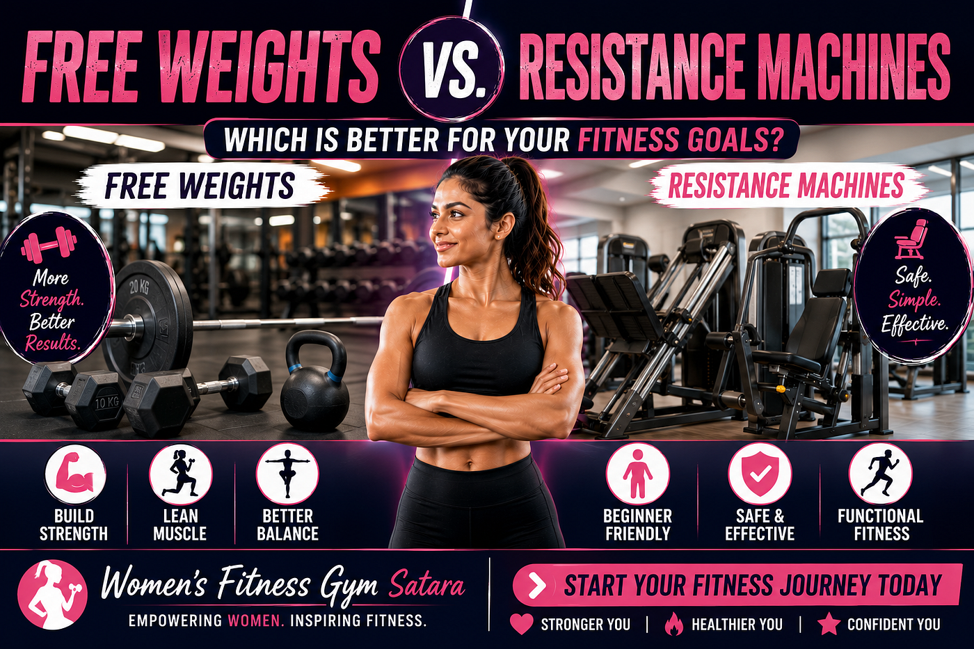 Modern fitness comparison thumbnail featuring a confident woman standing between free weights and…