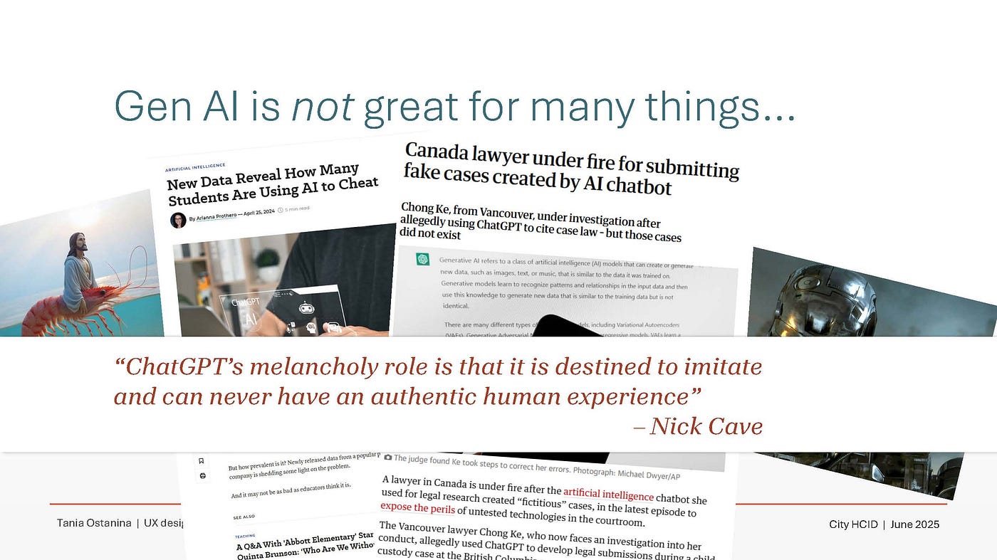 一張幻燈片上寫著“Gen AI 在很多事情上并不出色……”，以及音樂家 Nick Cave 的一句話“ChatGPT 的悲哀之處在于它注定要模仿，永遠(yuǎn)無法擁有真實(shí)的人類體驗(yàn)”。