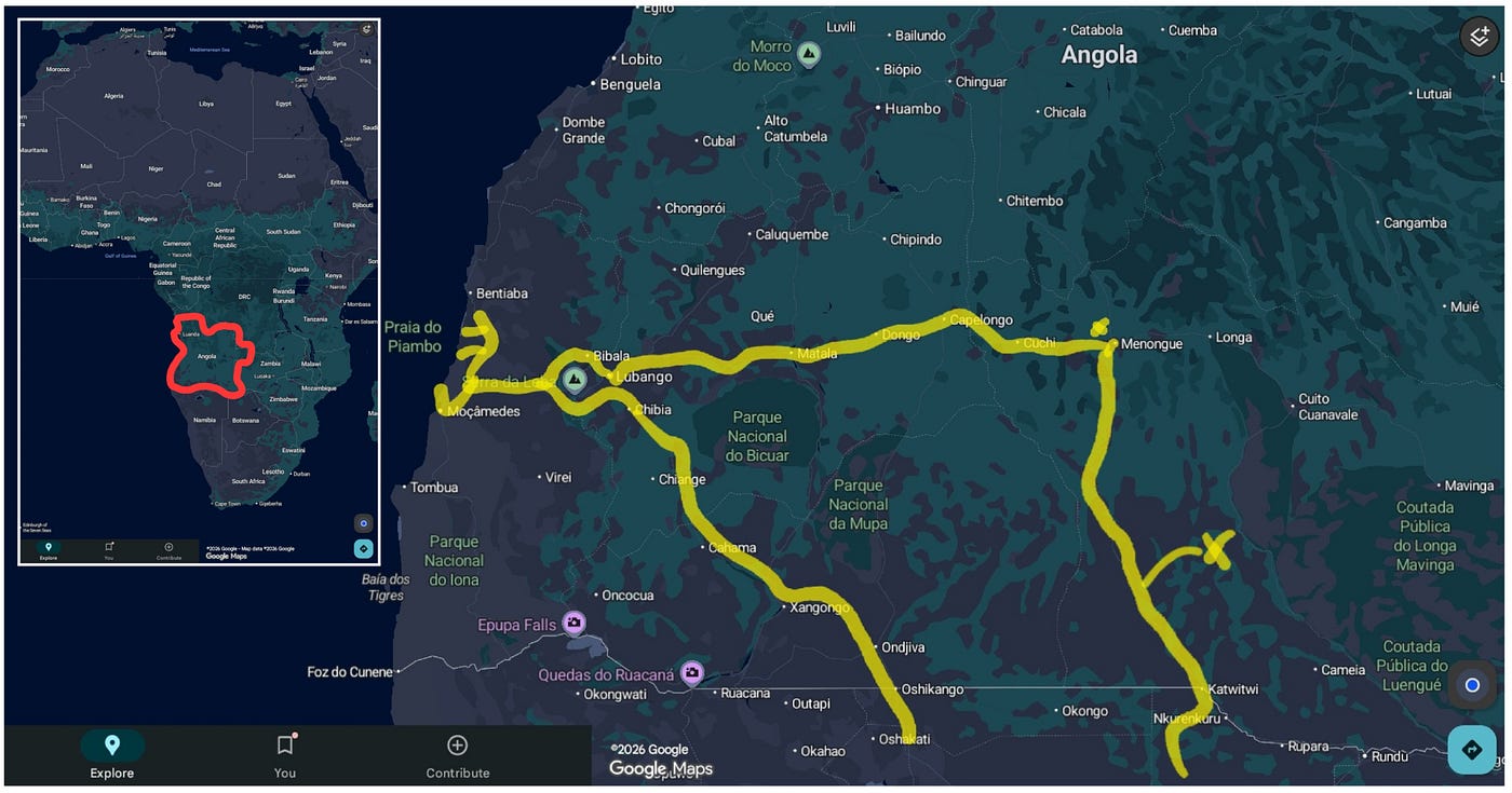 Location of the country and map of our road trip through Angola with markers for our first two stops. | © 2026 GoogleMaps, edited by author