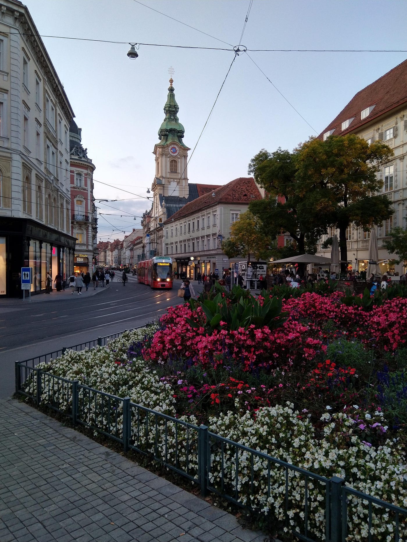 View of Stadtpfarrkirche zum Heiligen Blut. Graz, Austria, October 2019. Photo by author