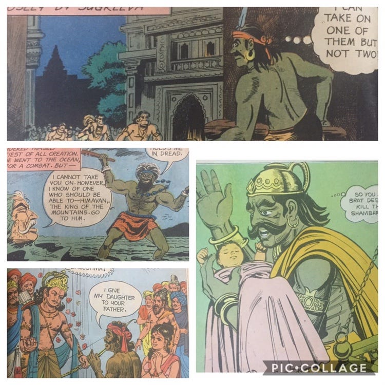 Collage of dark characters in ACK comics. Asuras and poor people.