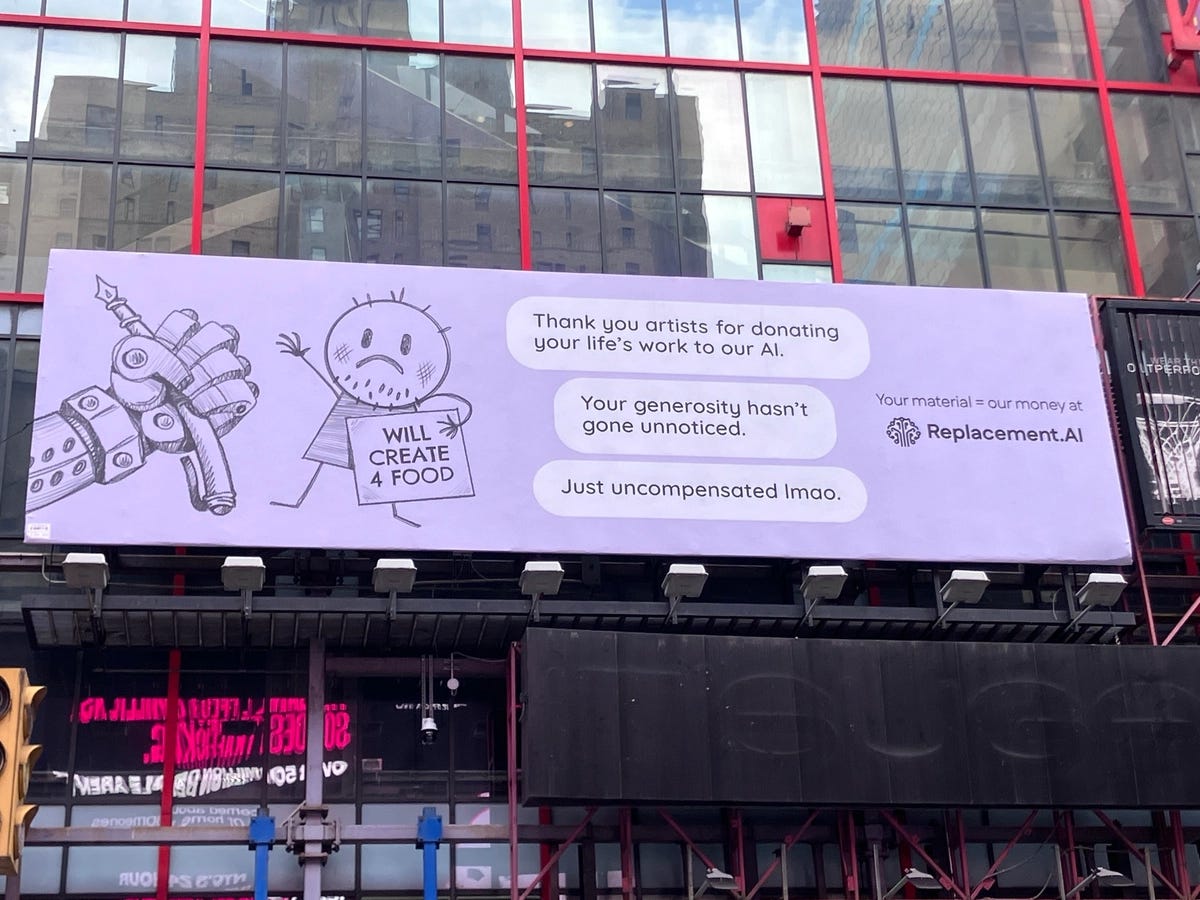 Replacement.AI billboard above a New York City street. Photo by Kay Rubacek