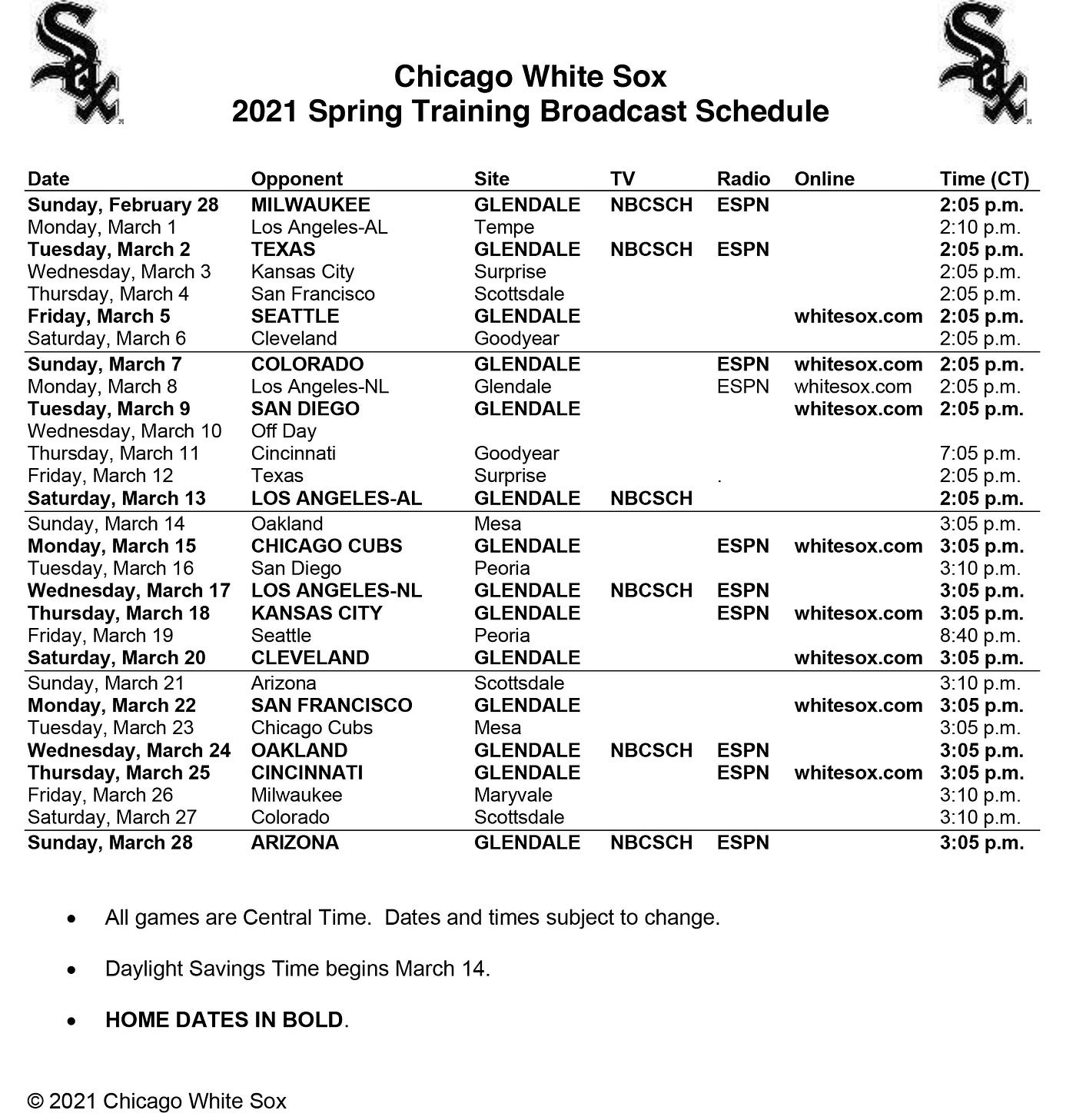 White Sox Announce 2021 Spring Training Broadcast Schedule by Chicago White Sox Inside the White Sox