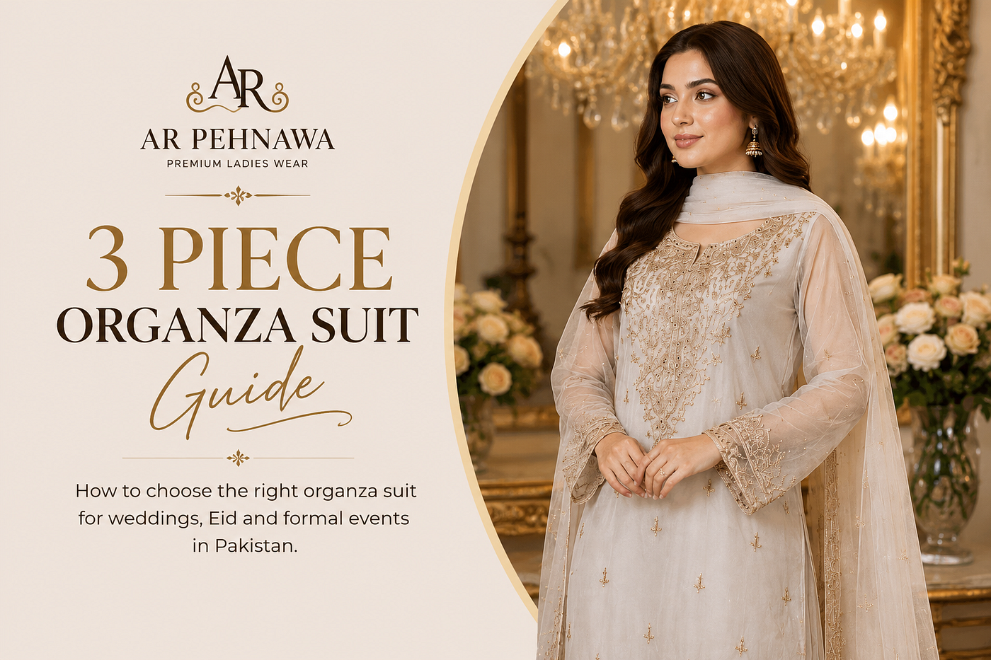 How to Style an Off White 3 Piece Organza Suit for Weddings and Eid in Pakistan