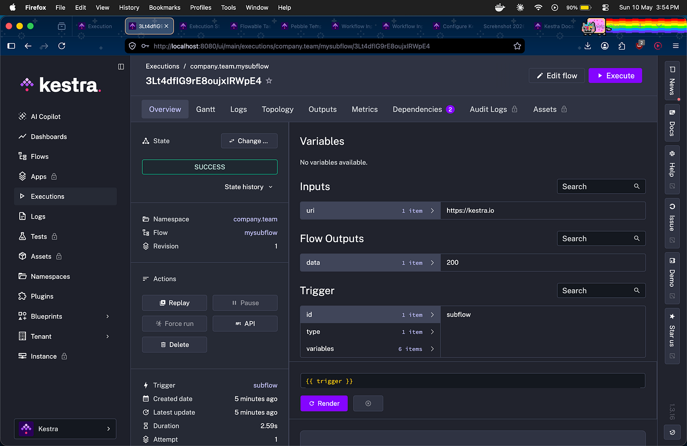 mysubflow execution overview showing input uri and output data: 200