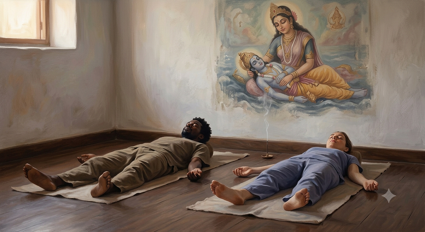 One thread of smoke rises exactly between them, the only motion in a room built entirely of stillness — a small axis mundi standing in for the larger ones, Meru (मेरु), Kailāsa (कैलास), wherever the center is finally said to be found.