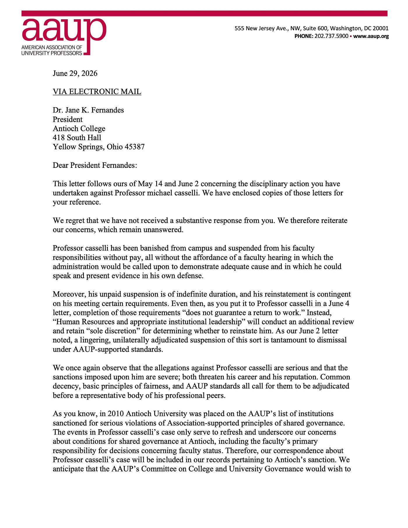 A Third AAUP Letter to Antioch’s President