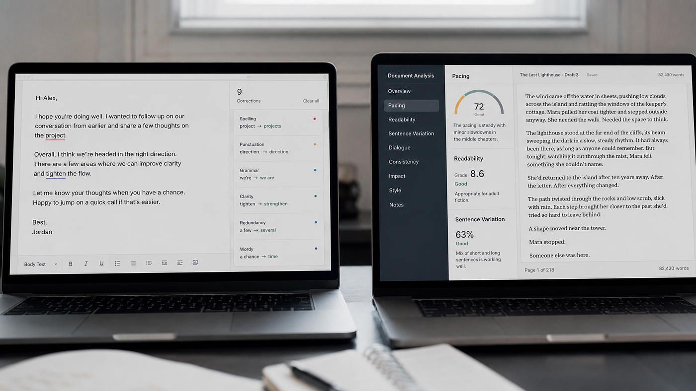 Real-time ambient correction on the left, deep structural document analysis on the right — two different tools solving two different writing problems