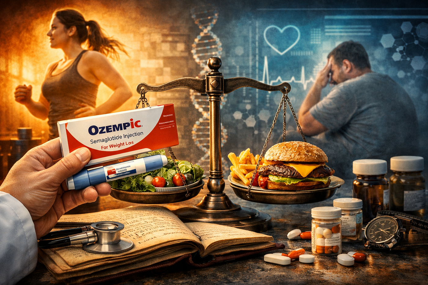 The tension behind Ozempic‑driven weight loss — the promise of a powerful medication set against the deeper metabolic, behavioral, and clinical tradeoffs. Source: Concept by author created with the help of AI.
