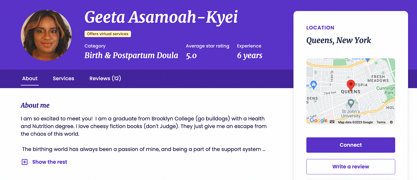 An example provider profile on Bornbir. Bornbir connects parents with doulas, lactation consultants across pregnancy and postpartum.