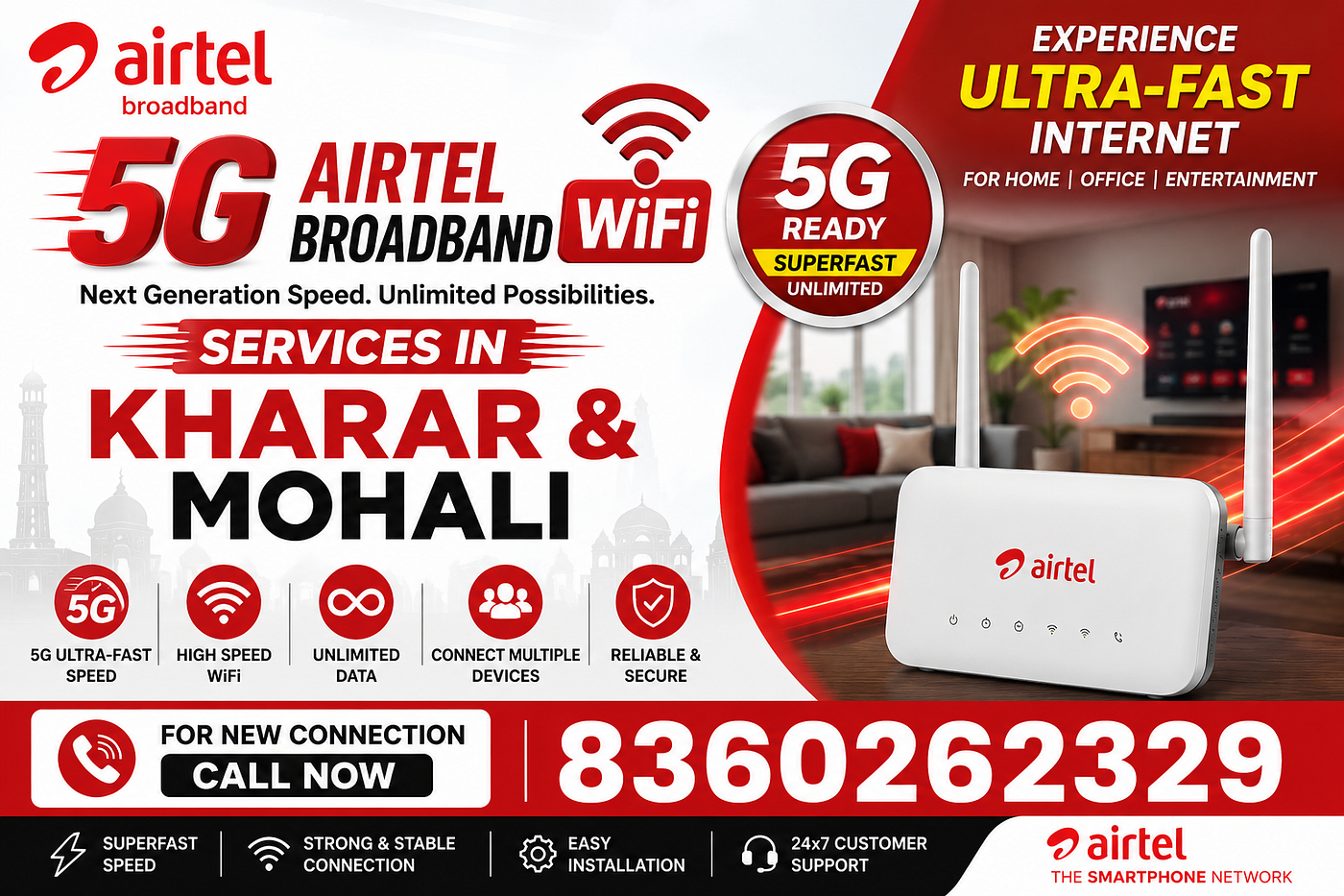 5G Airtel Broadband Fiber Connection Services Kharar & Mohali