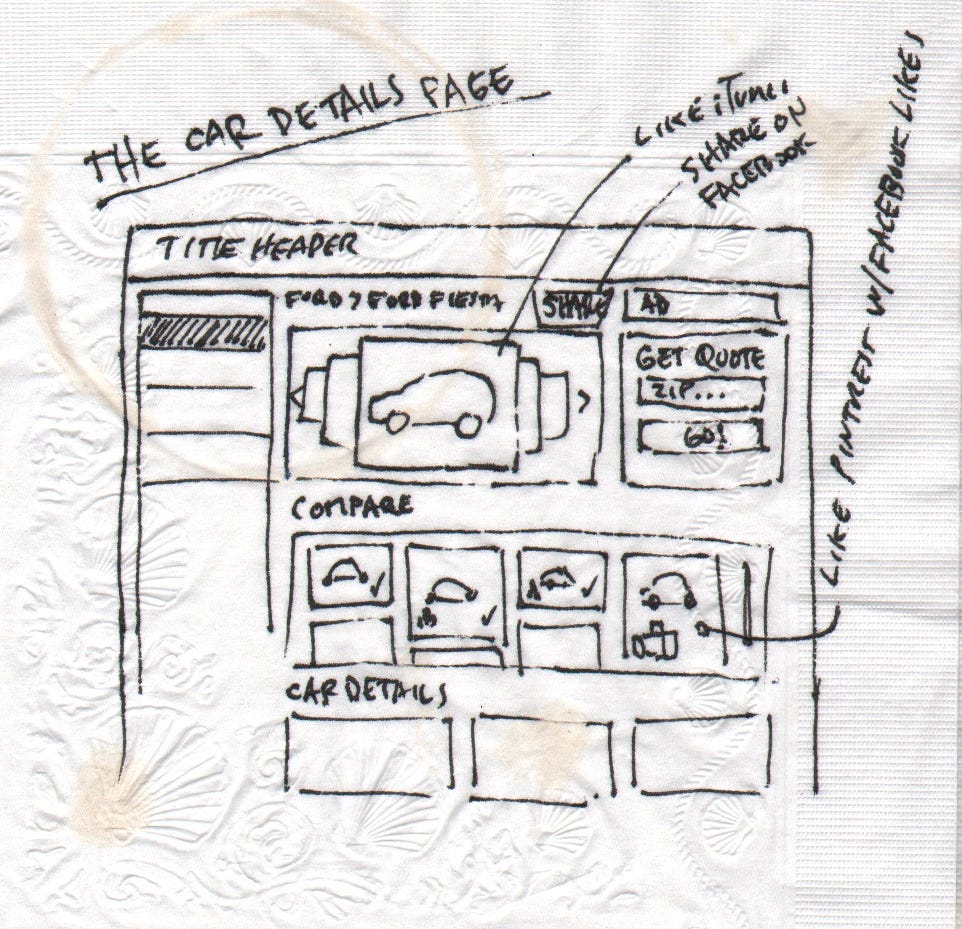 Wireframe sketches on a napkin