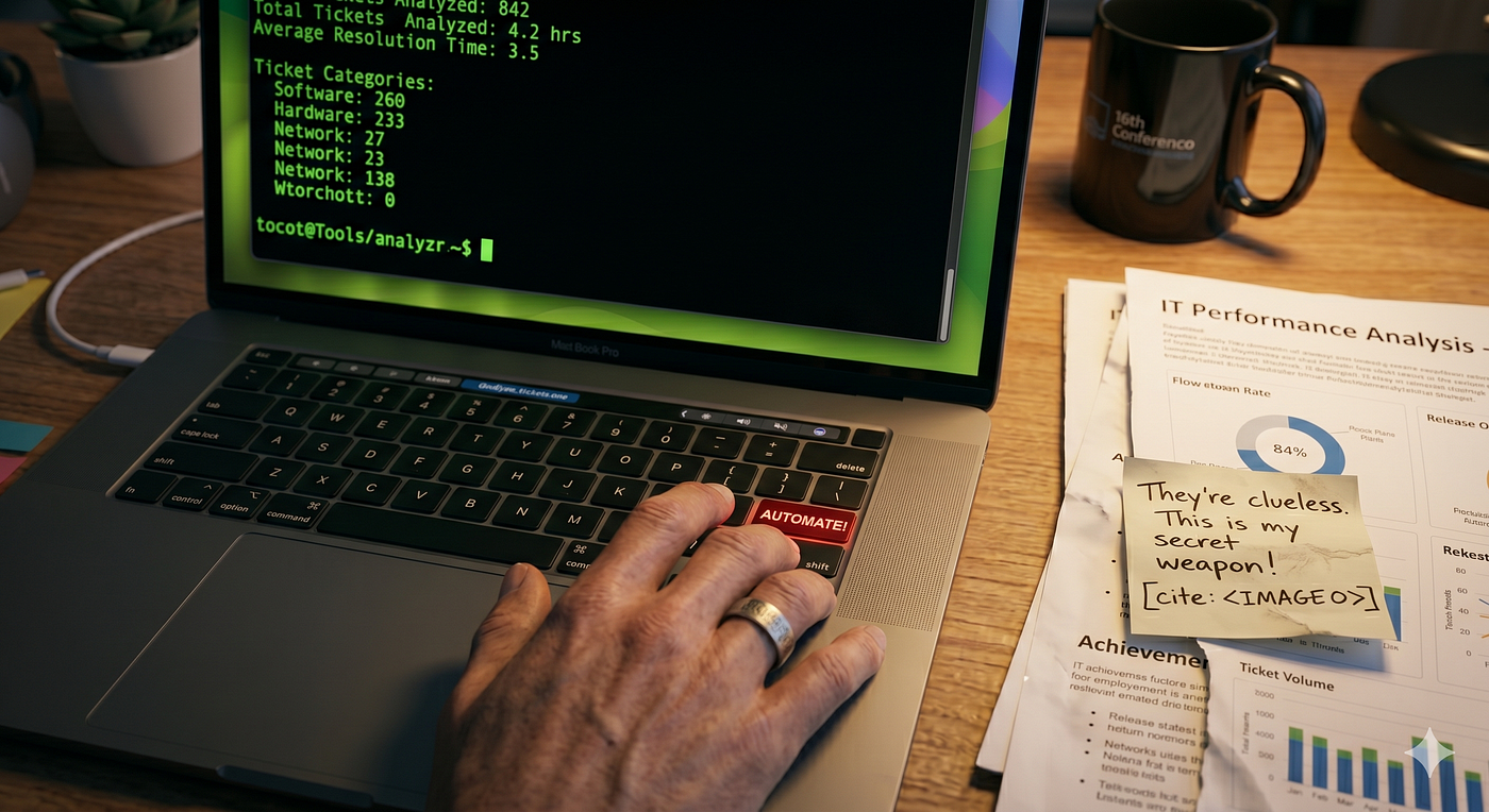 ✨ AI Prompt: Photorealistic overhead shot of a cluttered work desk with laptop showing terminal output, printed performance documents, coffee cup, warm office lighting, cinematic mood
