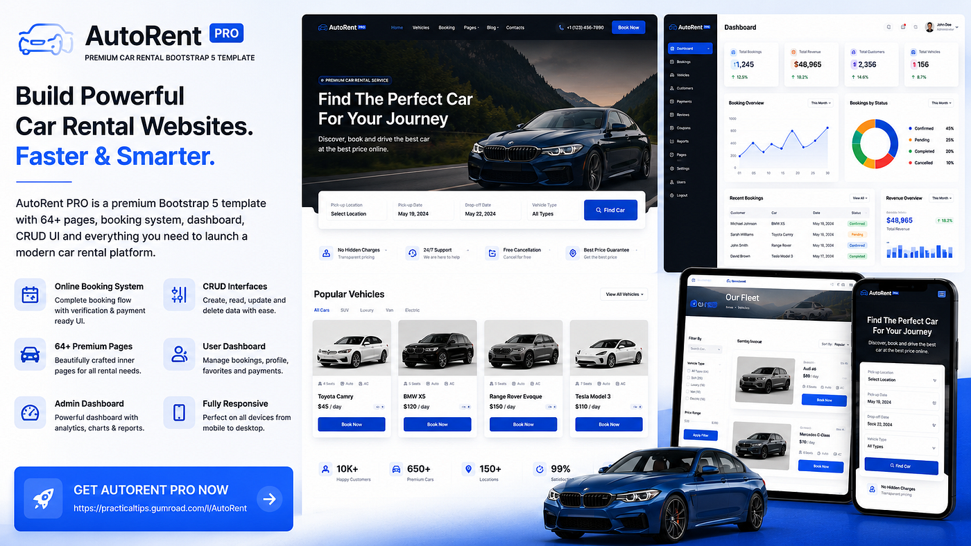 AutoRent PRO: The Ultimate Bootstrap 5 Car Rental Template with Booking System, Dashboard & CRUD UI
