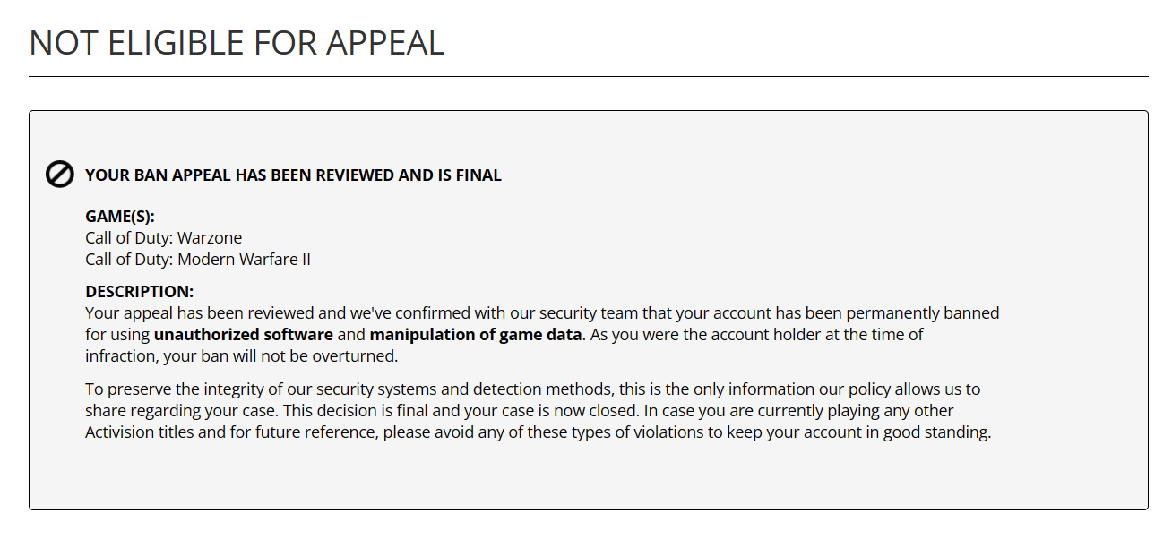 No Reply - Activision AM to me v ACTIVISION SUPPORT, Hello Your appeal  has been reviewed and