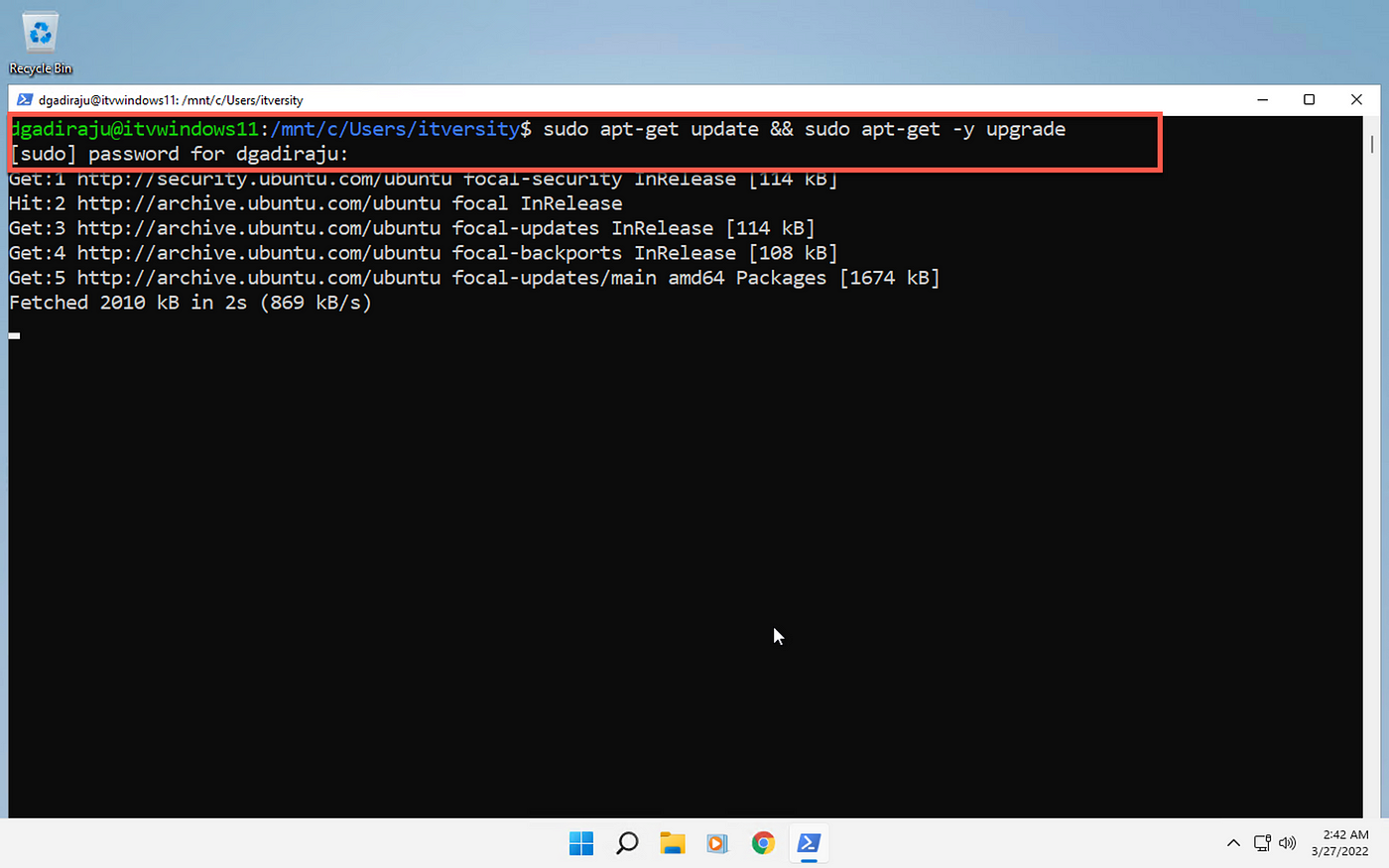 Setup Ubuntu 20.04 using wsl on Windows 11 | by Durga Gadiraju | Data  Engineering on Cloud | Medium