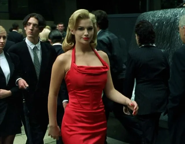 Woman in the red dress scene