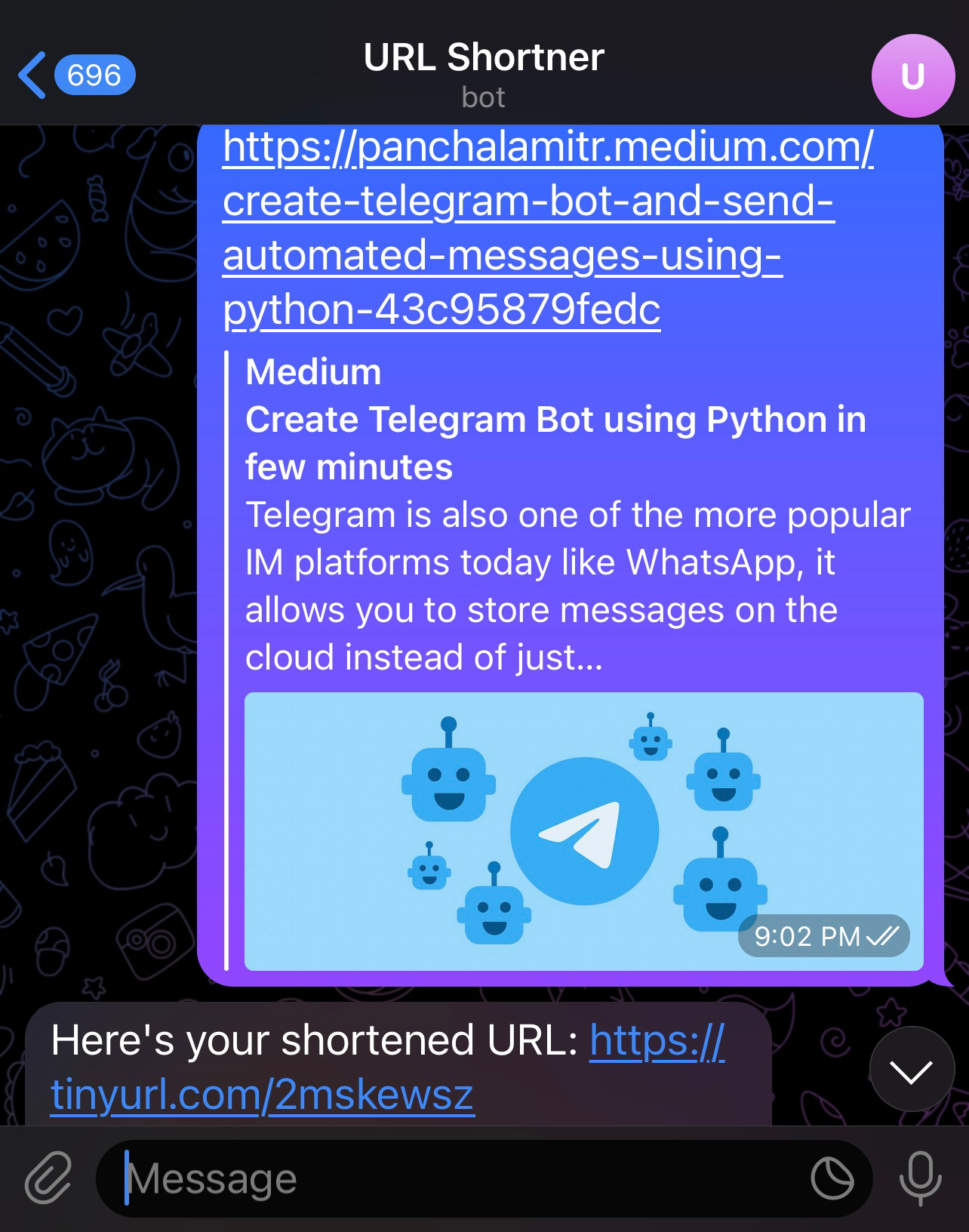 Build a Telegram bot which shorten URL, with Python in just 10 minutes! |  by Panchal Amit | Mar, 2023 | Medium