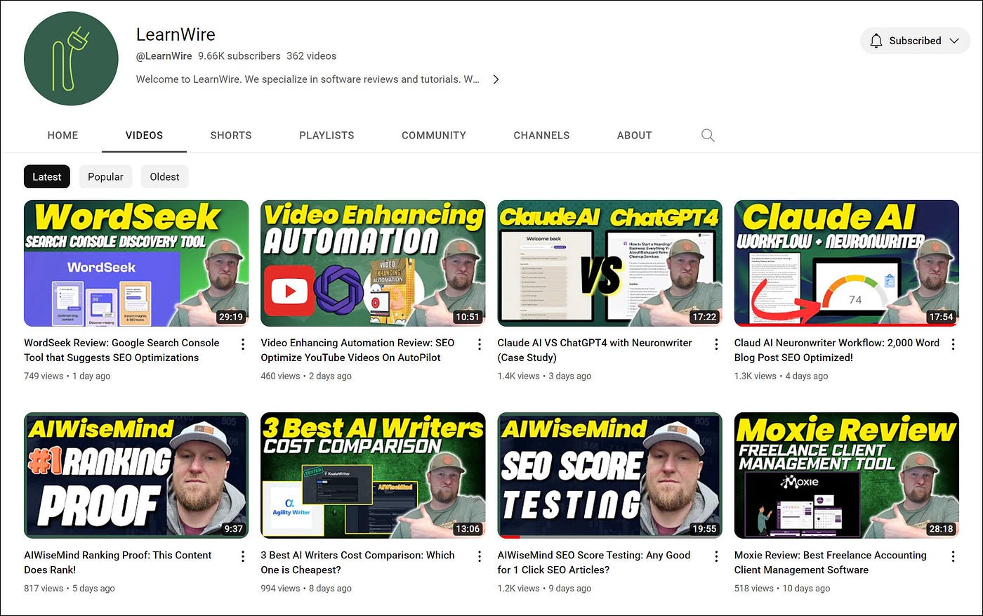 Screenshot of LearnWire’s YouTube videos page