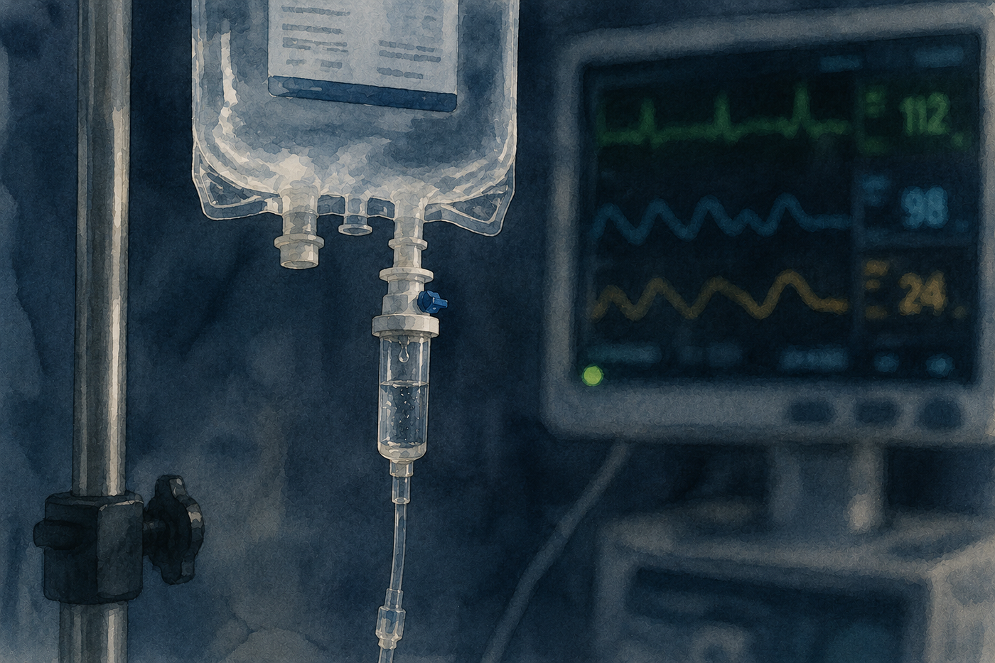 A watercolour illustration of fluid administration with vital signs in the background. AI generated image.