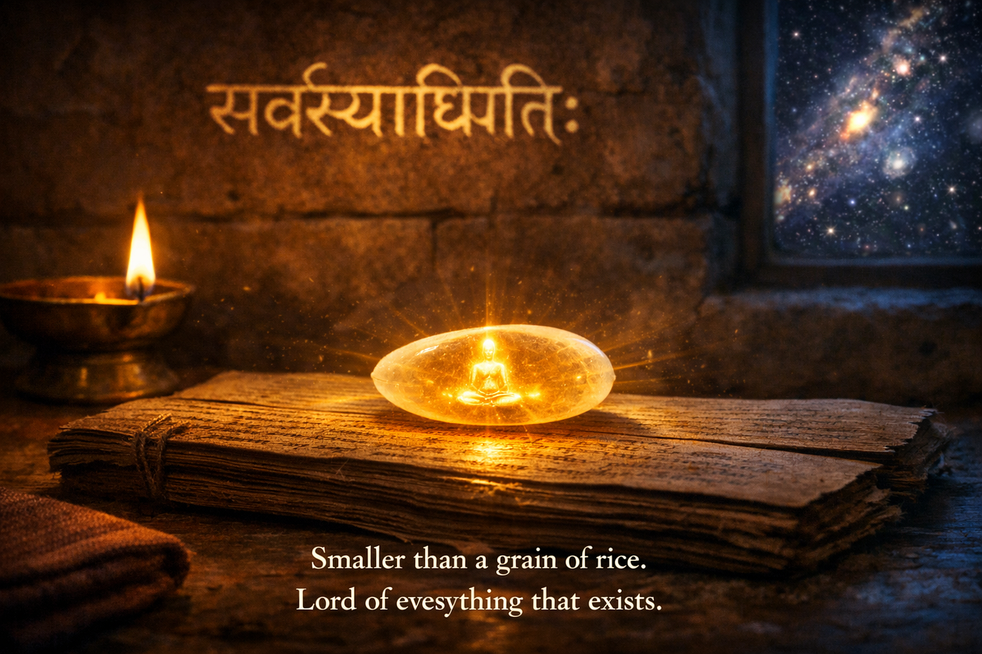 Brihadaranyaka Upanishad 5.6 — In the space of the heart: a mind-made, light-natured, truth-formed being no larger than a rice grain governs all worlds. The smallest contains the largest. The center is everywhere.