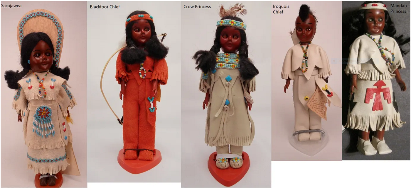 Carlson Dolls, founded in 1946 by Ray and Ann Carlson in Maple Lake, Minnesota. They are well-known vintage collectibles primarily recognized for their extensive series of Native American tribal dolls. These dolls were produced from the early 1950s until 1997. Most images and labels from https://starship2077.com/Carlson/index.htm Wow! They sure are dark! FAR LEFT: Sacajawea LEFT MIDDLE: Blackfoot Chief CENTER: Crow Princess RIGHT MIDDLE: Iroquois Chief FAR RIGHT: Mandan Princess