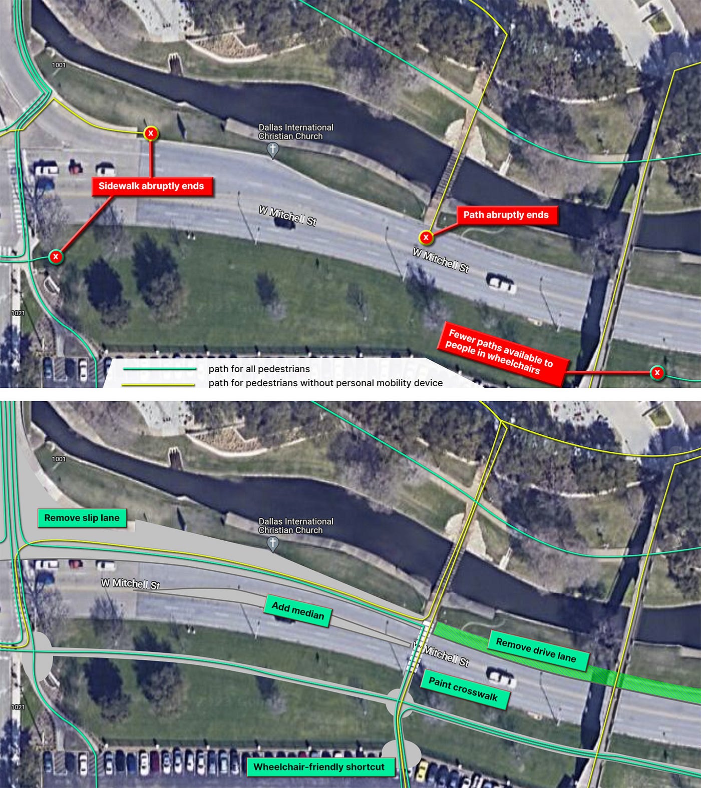 Two satellite images of West Mitchell Street, east of South Cooper Street. The first image shows where pedestrian paths abruptly end. The second image illustrates recommendations to increase wheelchair accessibility and slow down car traffic to improve safety of pedestrian crossings.