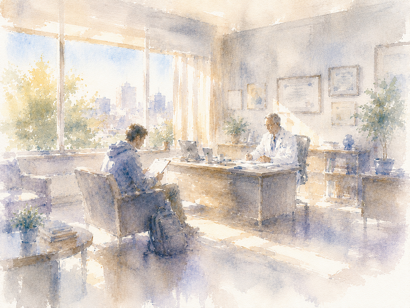 An AI generated watercolour portrayal of a morning handover.