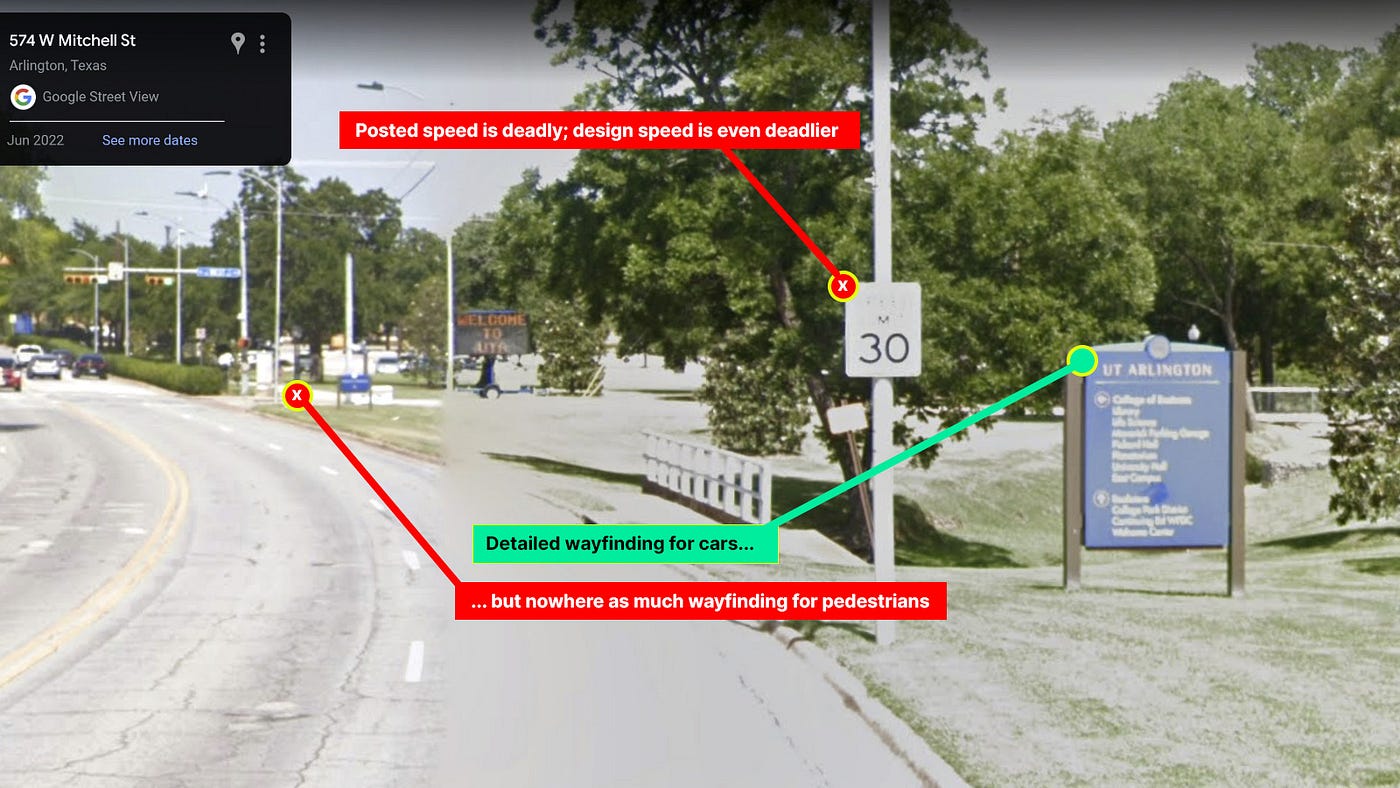 Streetview of West Mitchell Street showing detailed wayfinding signage for cars. No equivalent wayfinding is available for pedestrians. The posted speed limit on this street for cars is 30 miles per hour.