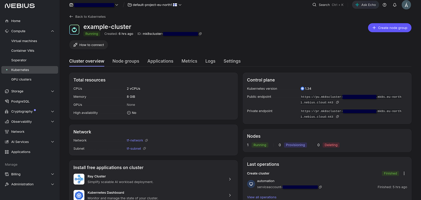 The interface of a managed Kubernetes cluster in Nebius AI Cloud