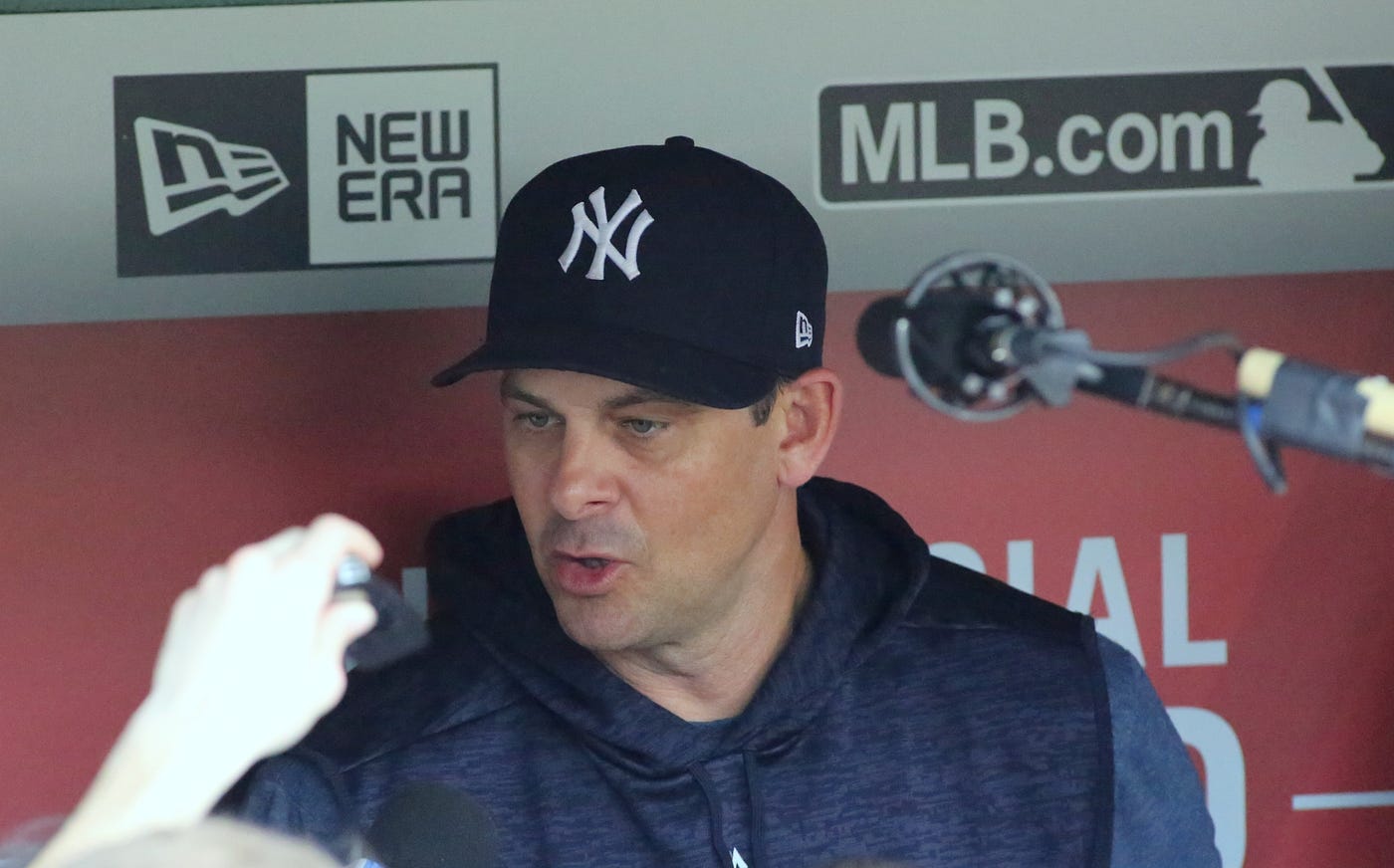 New York Yankees manager Aaron Boone watches against the Detroit