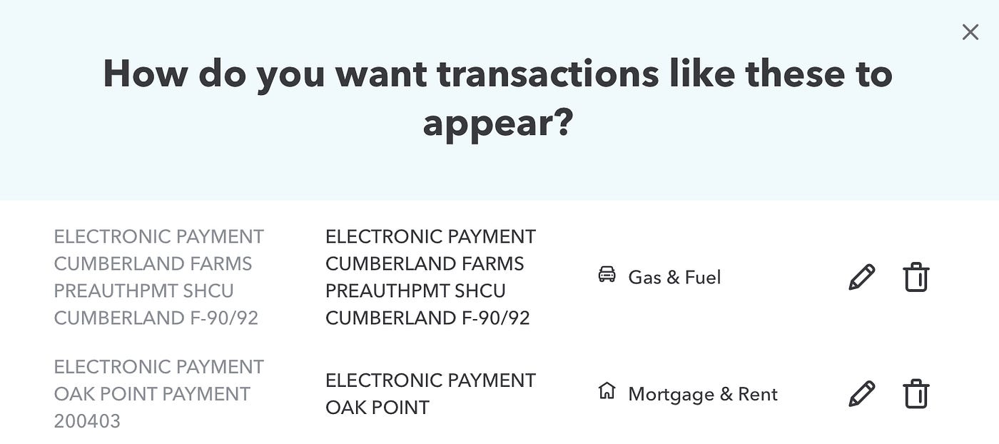 Screenshot of Mint transaction showing a category rule