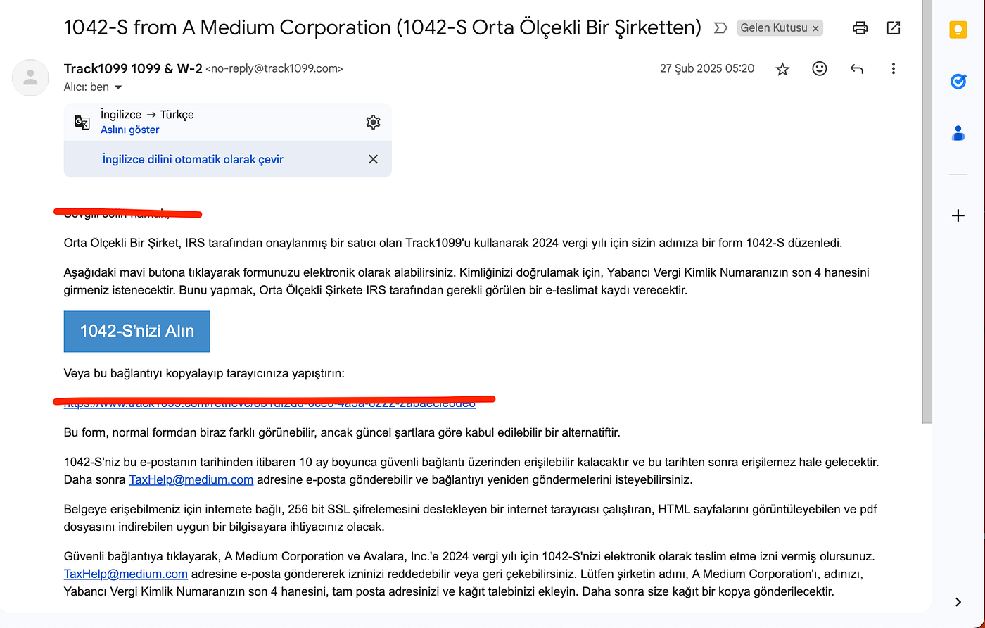 A screenshot from the mail mentioned