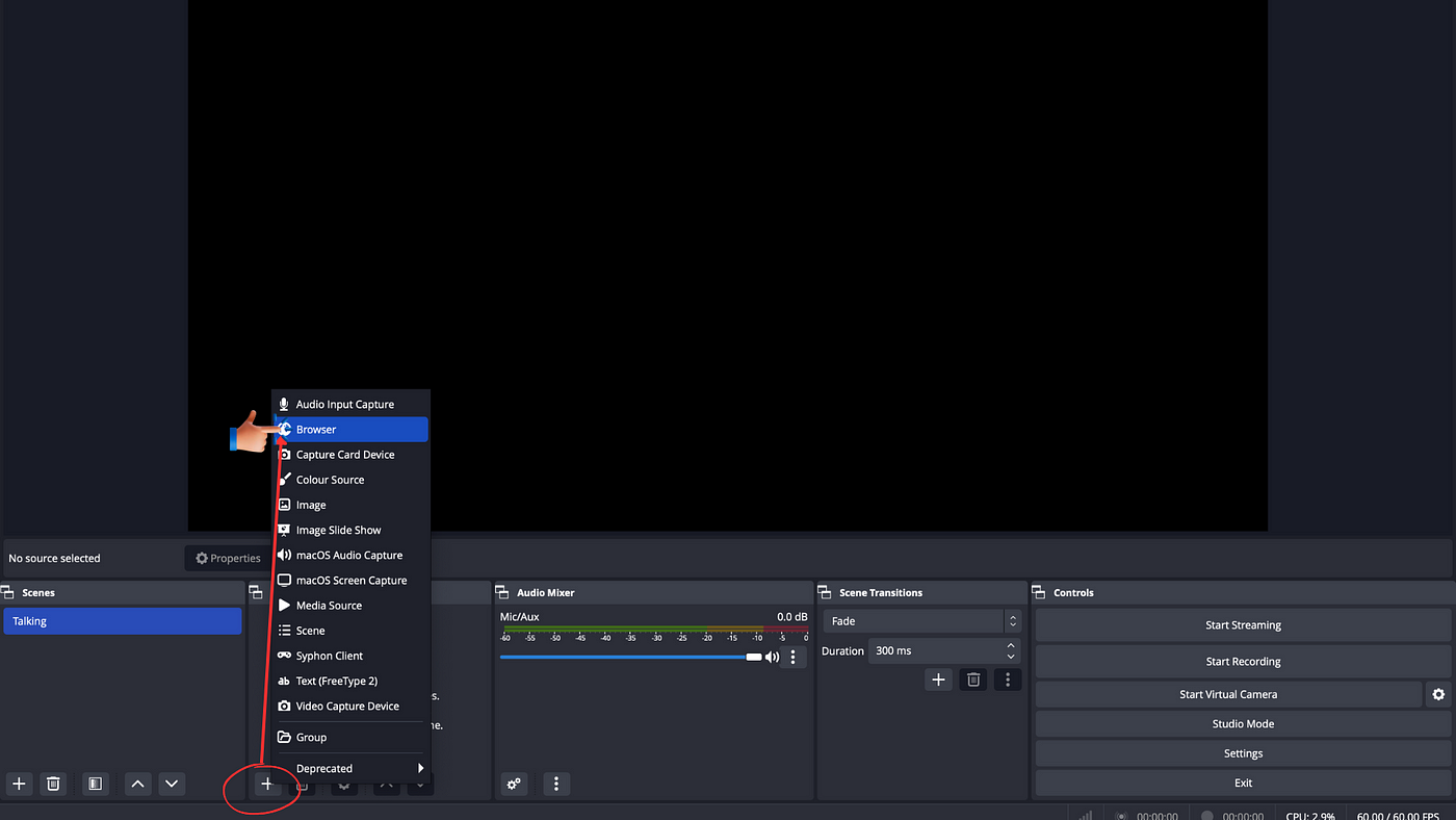 Showing the browser option after click in the + icon on OBS Studio