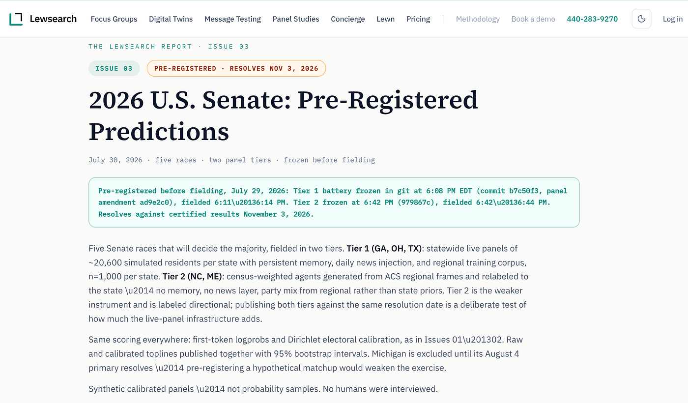 Five Senate Races Through Synthetic Respondents, Frozen in Git, Scored in November