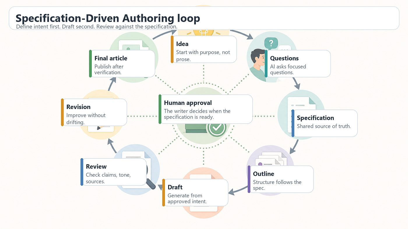 Figure 2. Specification-Driven Authoring turns AI writing into a reviewable loop: define intent first, draft second, revise against the specification. Source: author-created AI-assisted illustration.