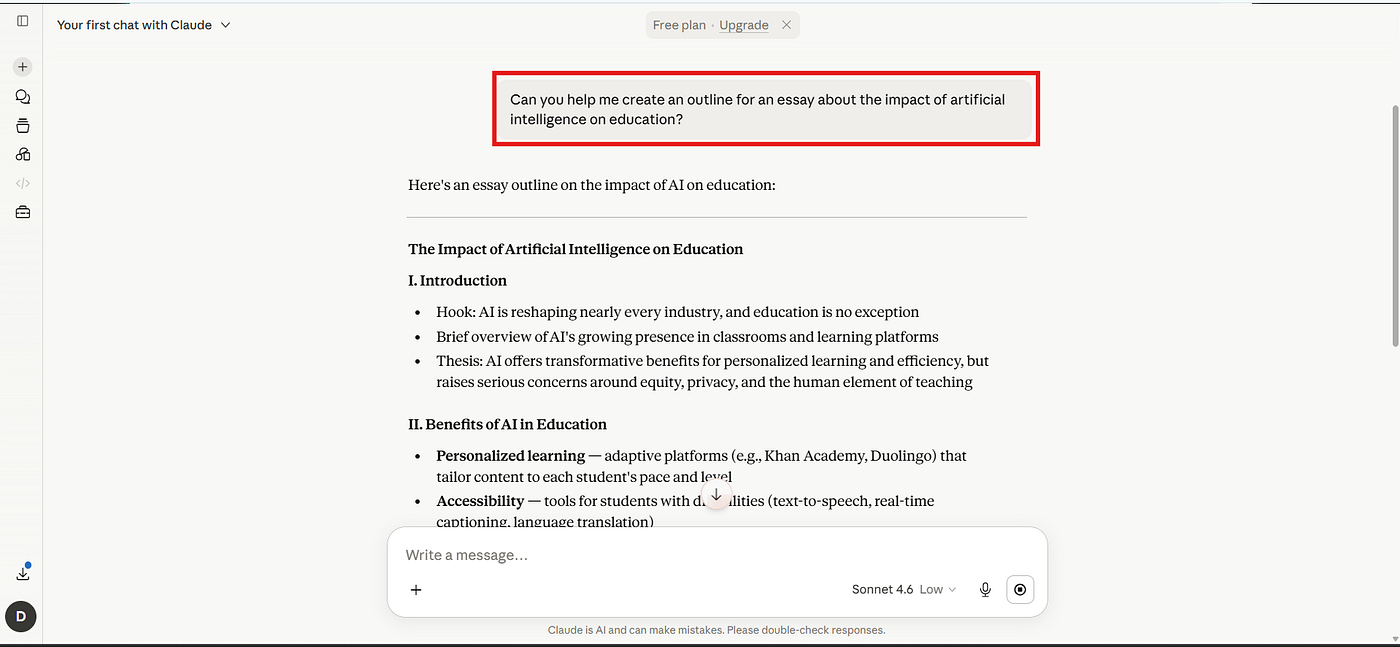 Claude ai generating essay outline for student