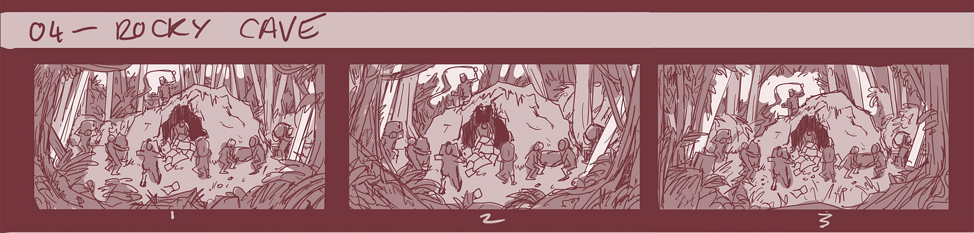 Three panels from the second round of roughs for the cave scenario