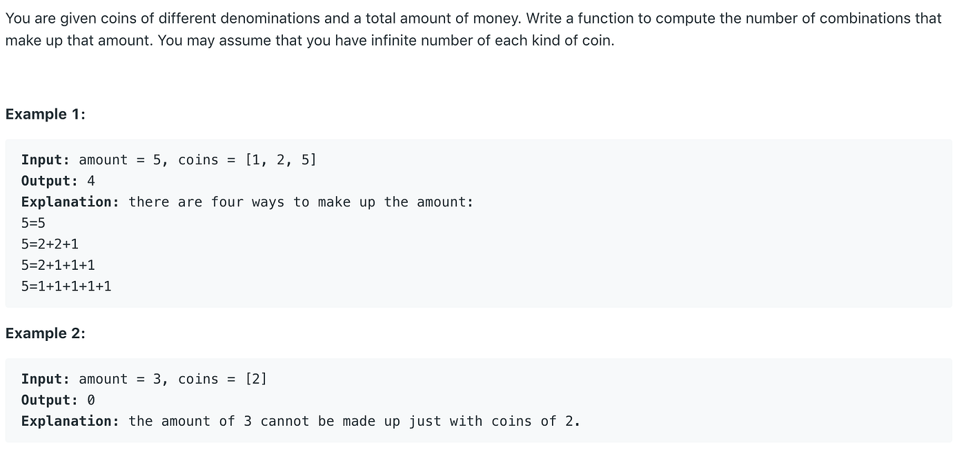 Leetcode Challenge: Coin Change 2 (6/7) | by Ryan Yang | Medium