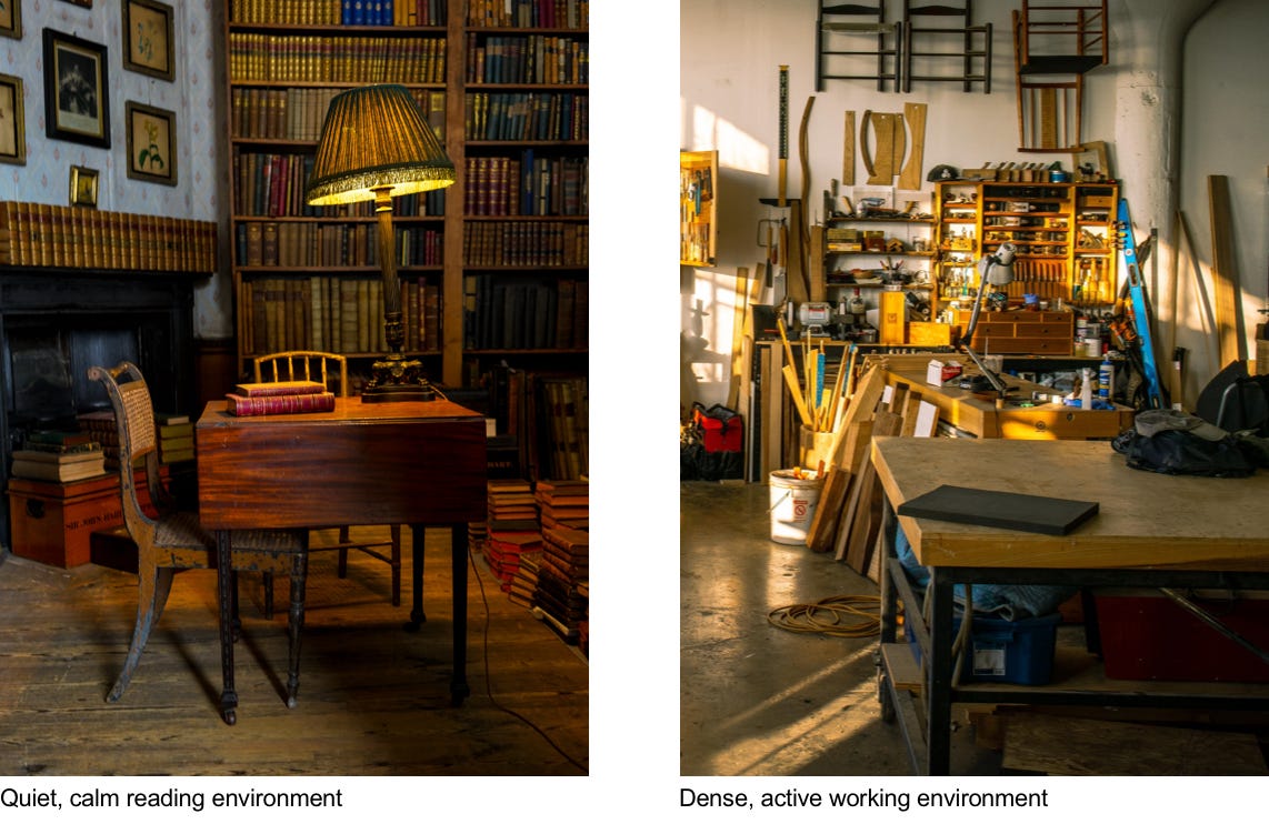 Side-by-side image of a quiet library (left) and a busy workshop (right)