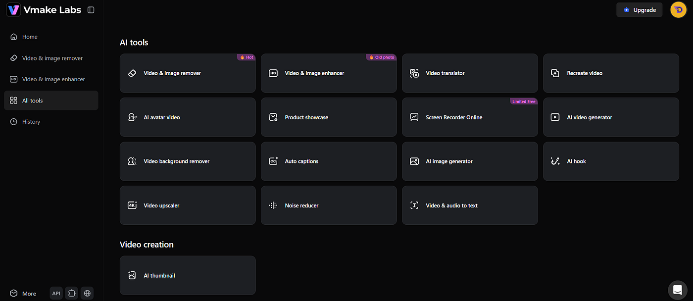 All tools interface. (Screenshot by Author via Vmake.ai)