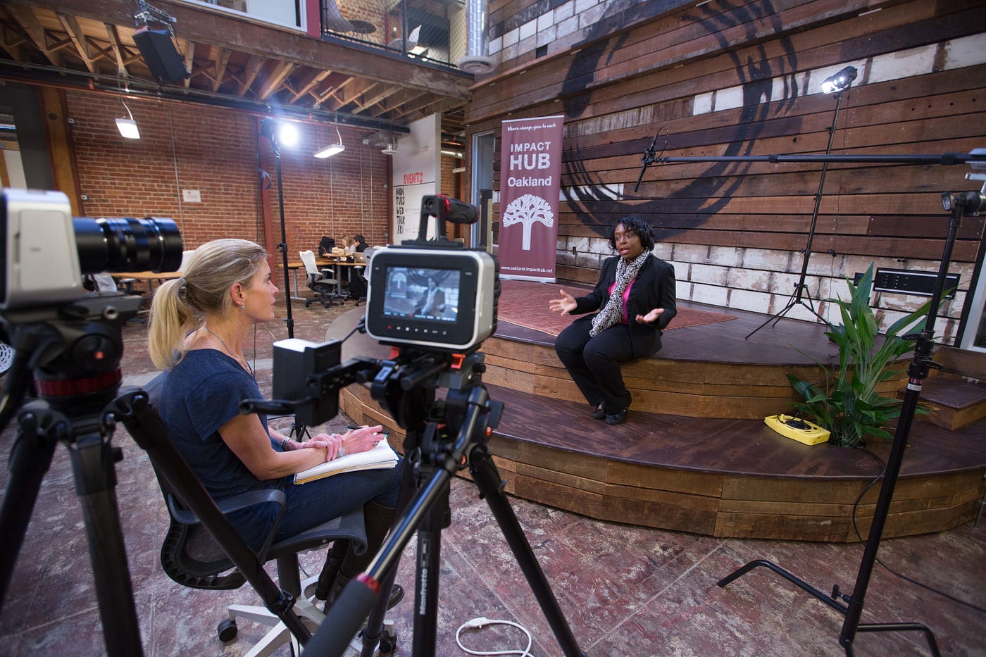 Filmmaker Robin Hauser Reynolds (left) of Tiburon interviews Kimberly Bryant, the founder of San Francisco-based Black Girls Code, for Reynolds’ new documentary, ‘Code: Debugging the Gender Gap,’ about the lack of women and minorities in computer science industries. (Provided by Finish Line Features)